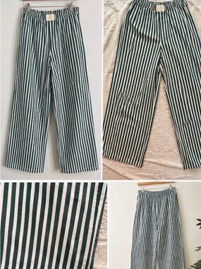 NWOT Green & White Striped Boxer Style Lounge Pants Wide Leg Cotton Poplin ~ SM